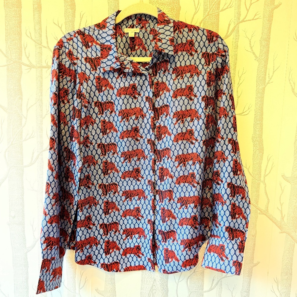 J.Crew Collection Silk Twill Roaming Tiger Top Button Down Shirt- Size 10